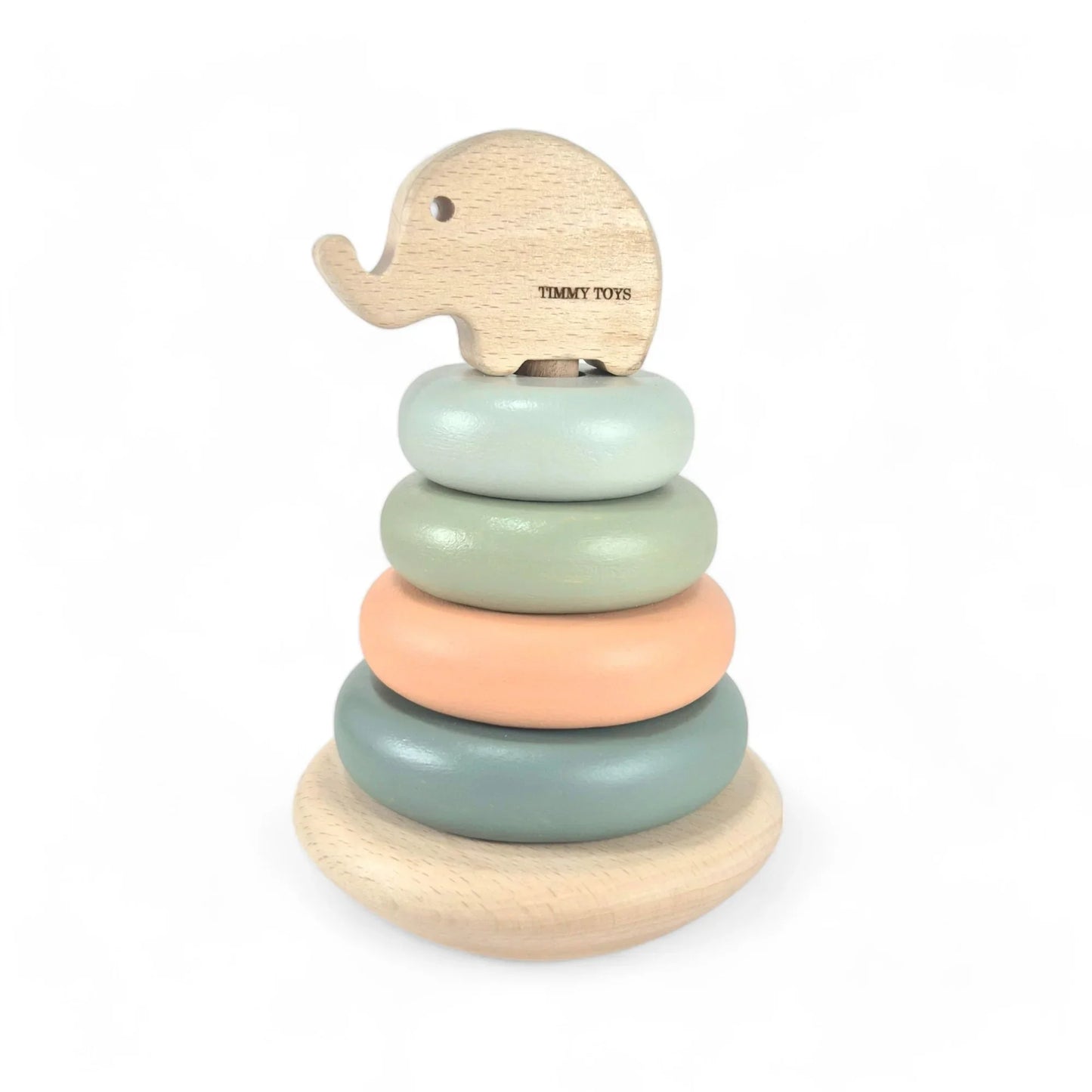 Wooden stacking toy with elephant topper, pastel rings for baby development and play