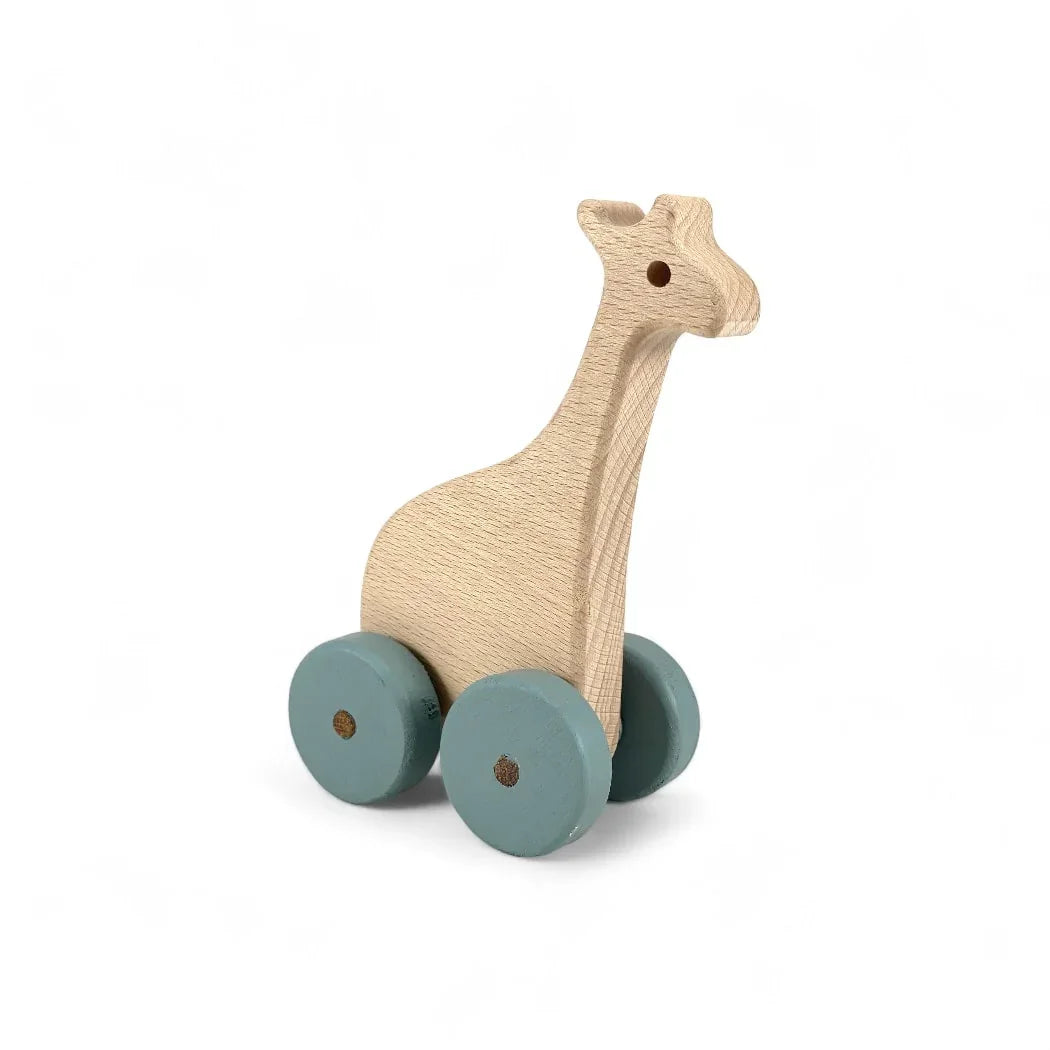 Wooden giraffe pull toy with teal wheels, natural finish, perfect for baby and toddler play
