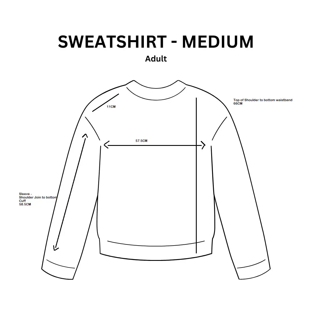 Adult medium sweatshirt size chart with measurements for shoulder, sleeve, and length