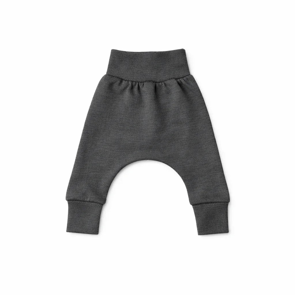 Charcoal grey baby harem pants with elastic waist and cuffs, soft knit fabric for comfortable everyday wear