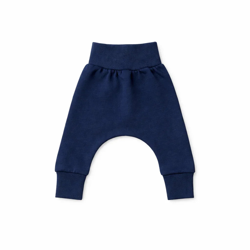 Navy blue baby harem pants with elastic waist and cuffs, soft knit fabric for comfortable everyday wear