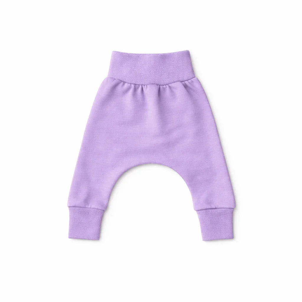 Soft lavender baby harem pants with elastic waist and cuffs, cozy knitwear for infants