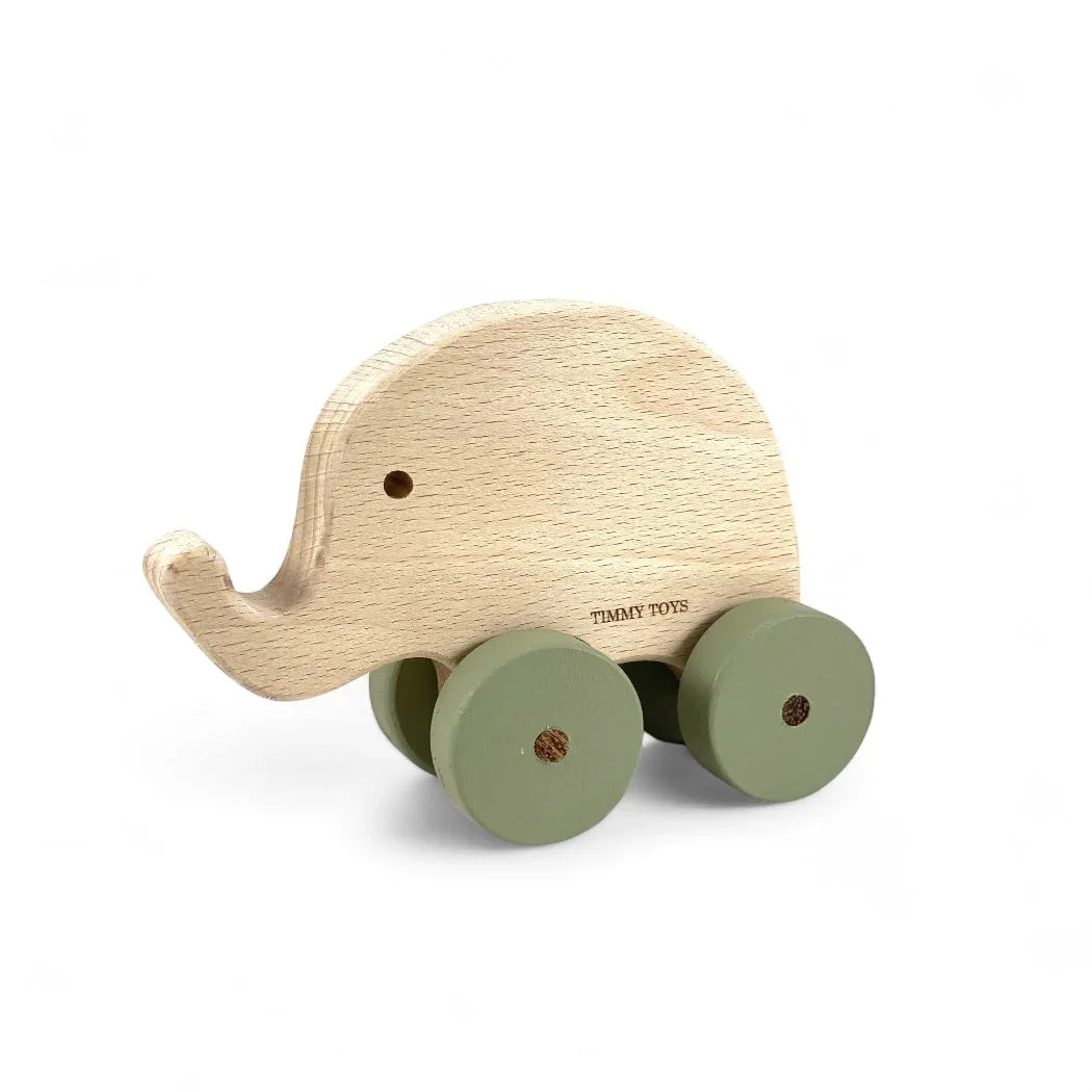 Natural wood elephant push toy with green wheels for babies and toddlers