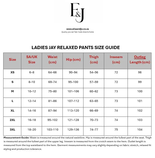 Ladies Jay Relaxed Pants size chart with measurements for waist, hip, thigh, inseam, and outseam