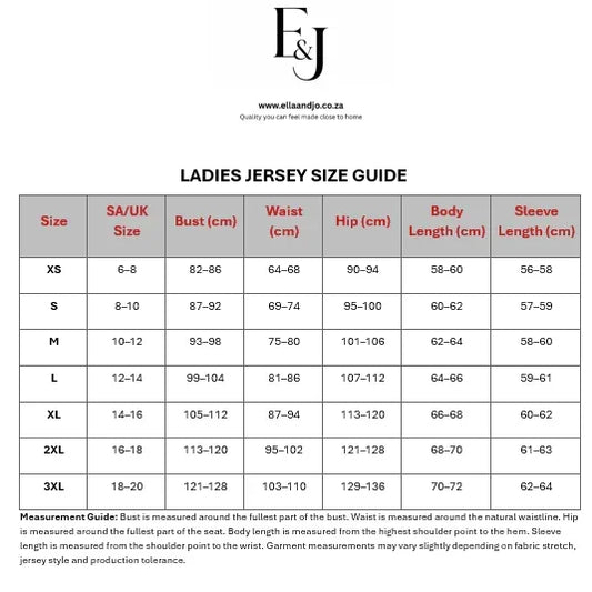 Ladies jersey size guide with measurements for bust, waist, hip, body and sleeve length