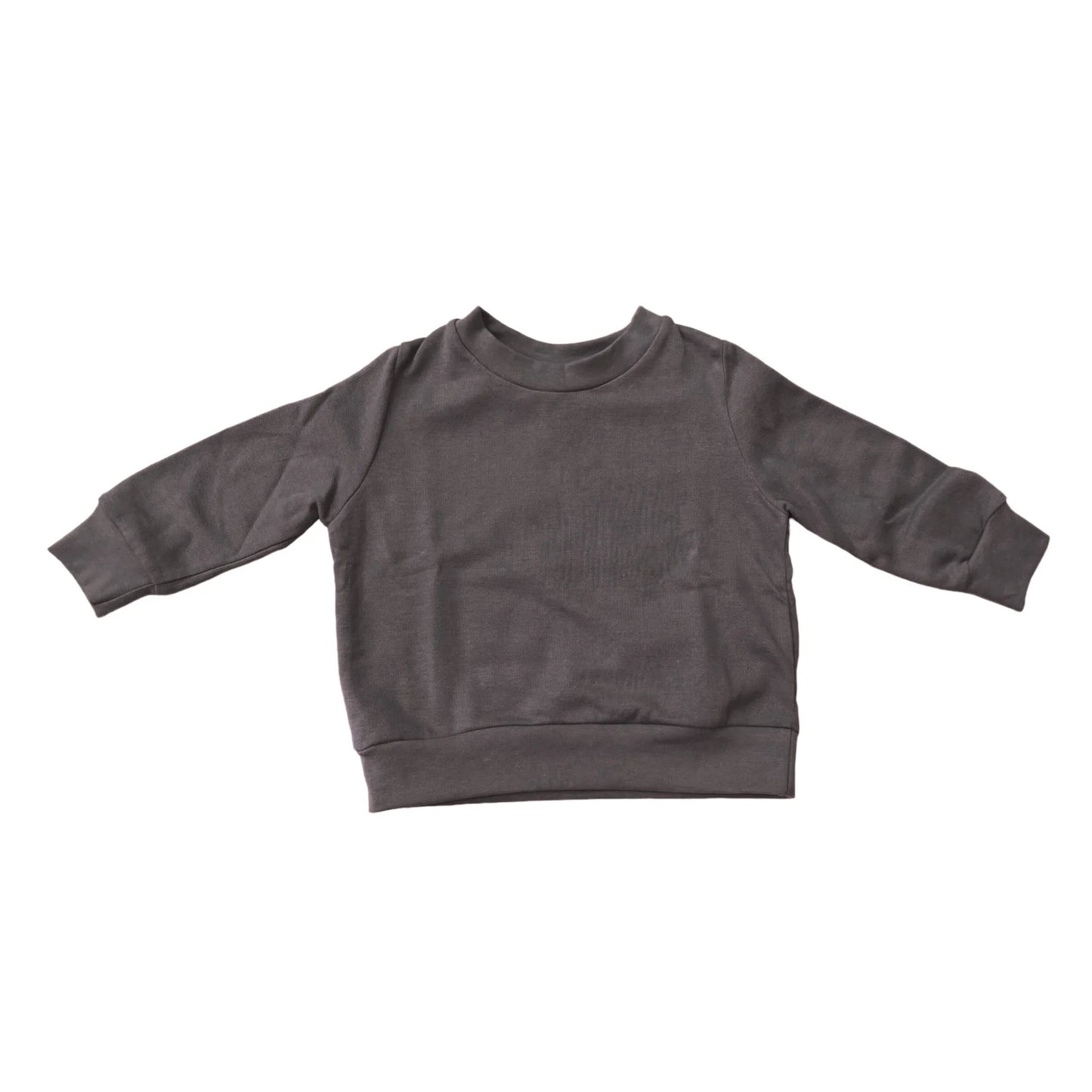 Charcoal grey kids long sleeve sweatshirt with ribbed cuffs and hem, soft everyday essential