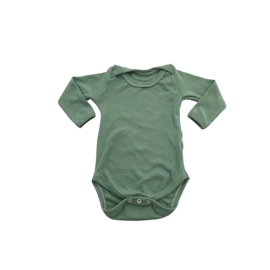 Sage green long sleeve baby onesie with snap closure, soft everyday essential for infants
