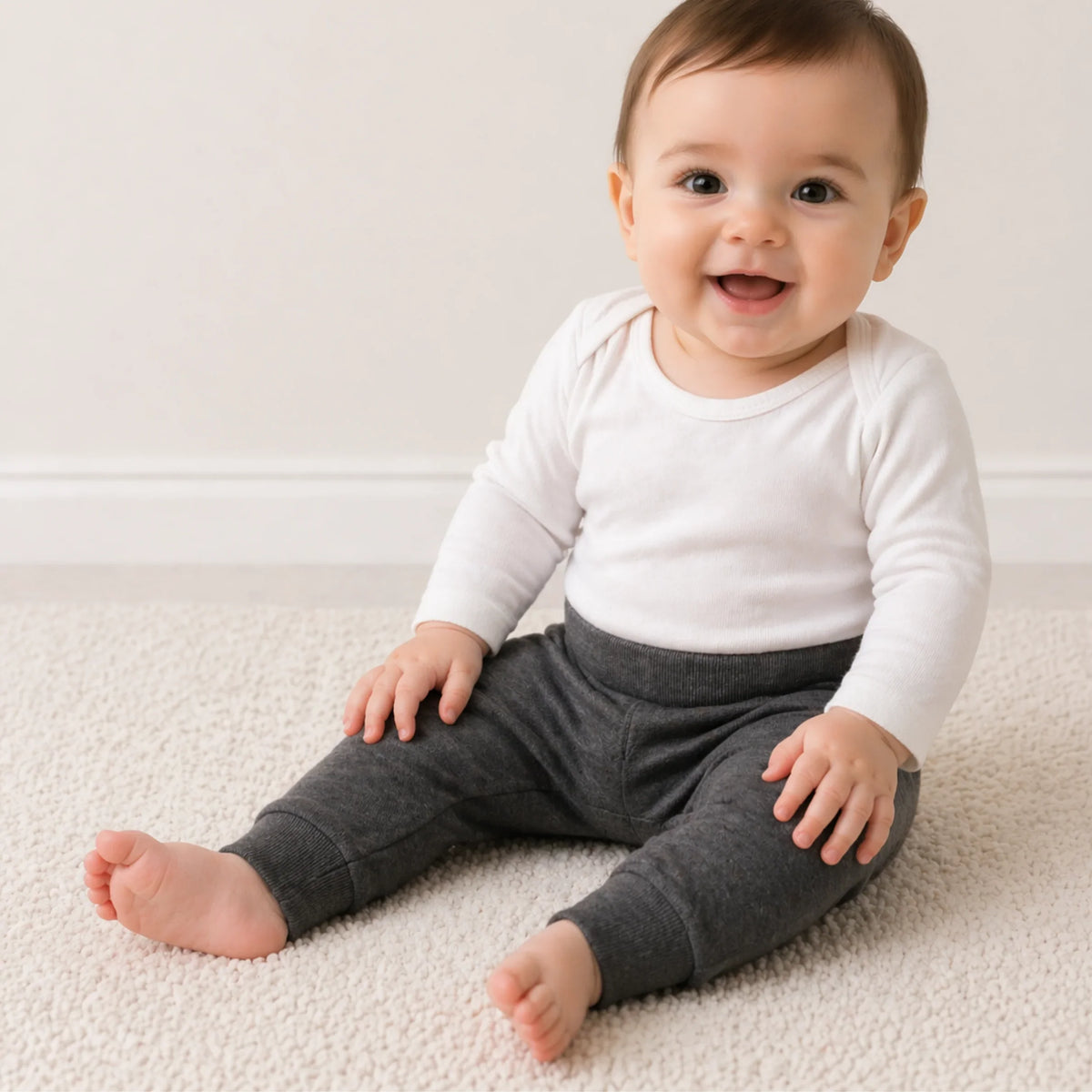 Smiling baby in white long-sleeve top and grey pants, sitting on soft carpet