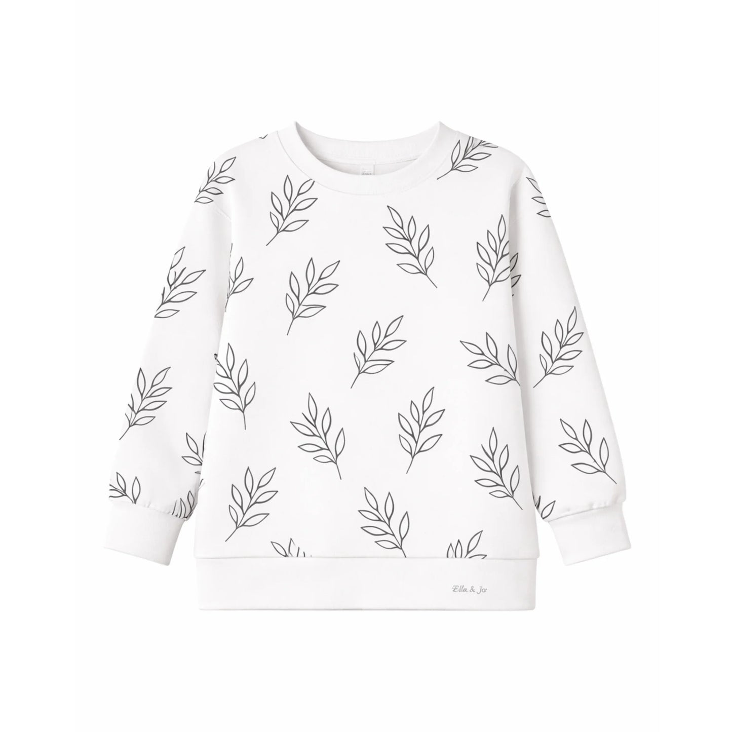 White kids sweatshirt with leaf print, cozy everyday wear for children