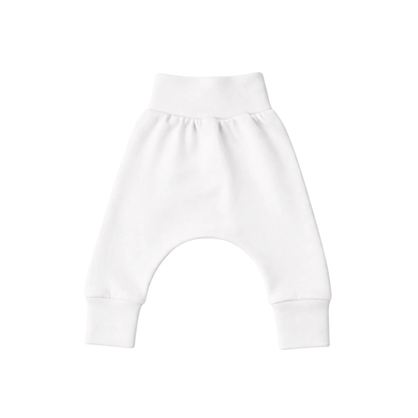 White baby harem pants with elastic waist and cuffs, soft comfortable everyday wear for infants.