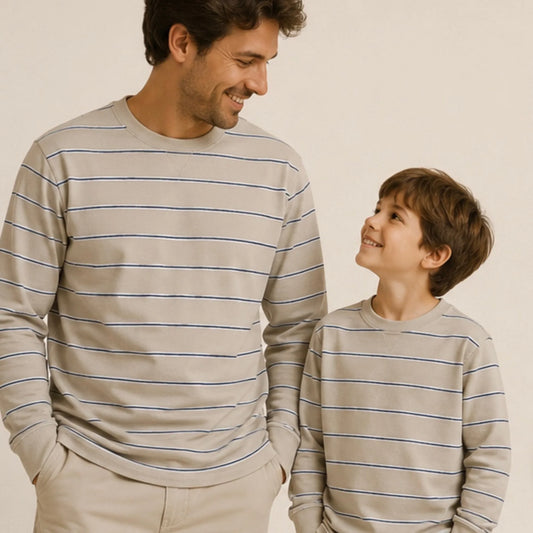 Matching striped long sleeve shirts for dad and son, cozy family outfits