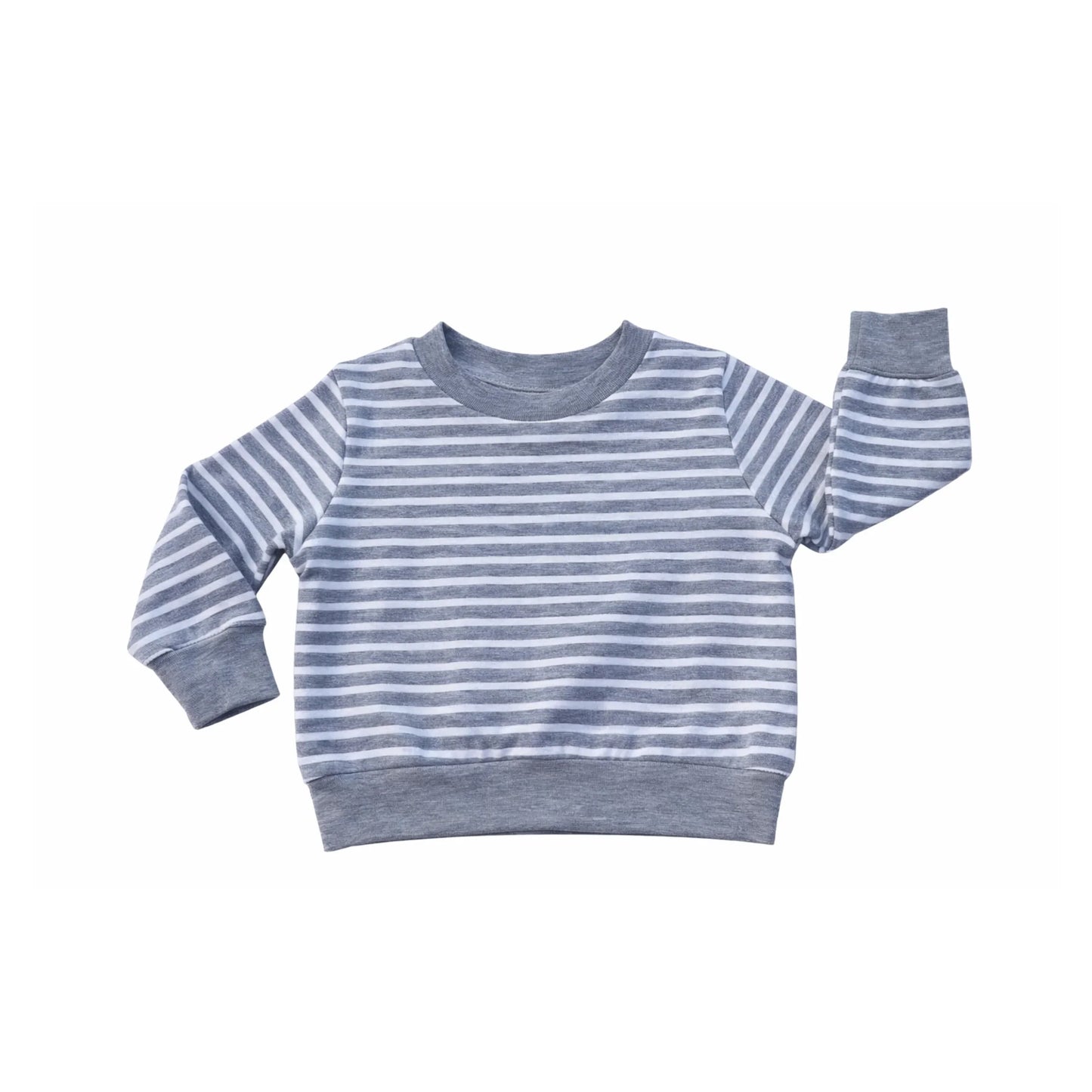Grey and white striped kids long sleeve sweatshirt, soft everyday essential for children