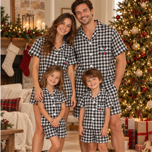 Christmas Gingham Mens PJ Set - Black with Reindeer Embroidery