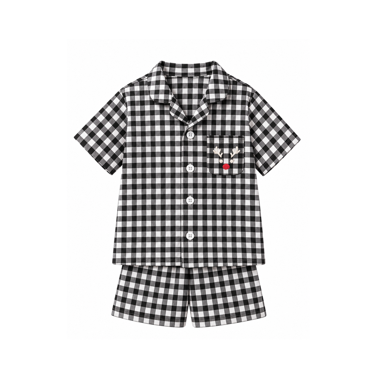 Christmas Gingham Childrens PJ Set - Black with Reindeer Embroidery