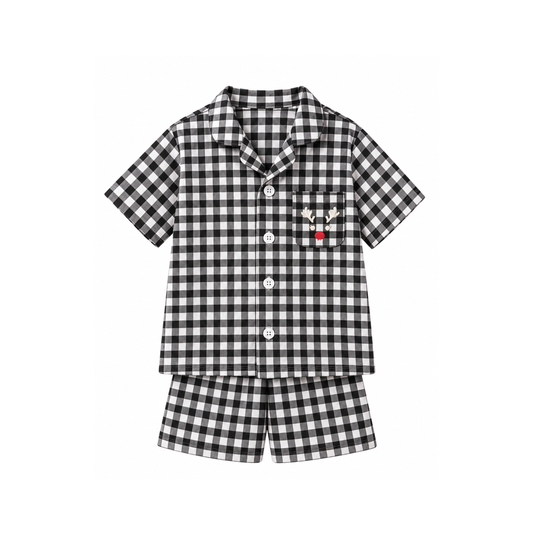 Christmas Gingham Childrens PJ Set - Black with Reindeer Embroidery