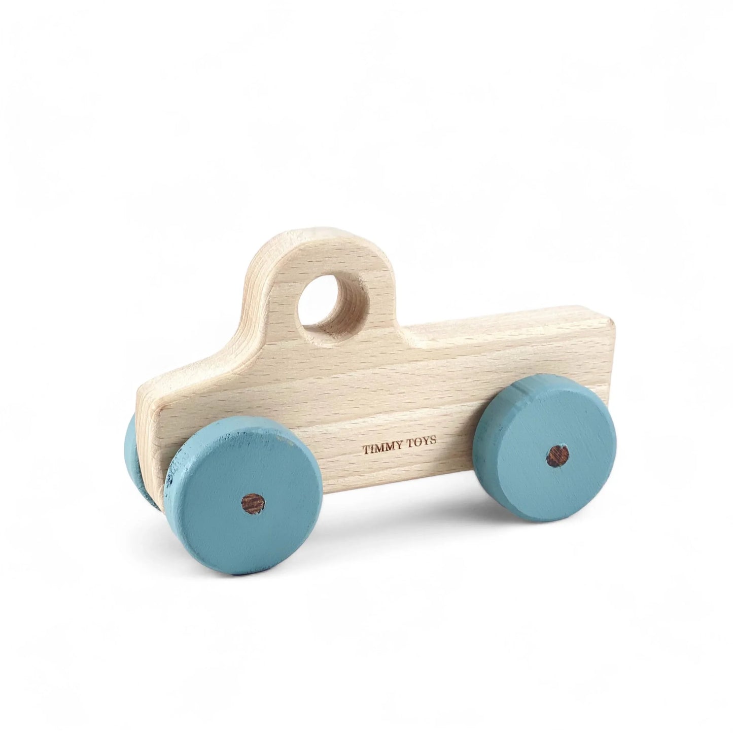 Wooden toy car with blue wheels, natural finish, Timmy Toys brand, ideal for baby and kids play