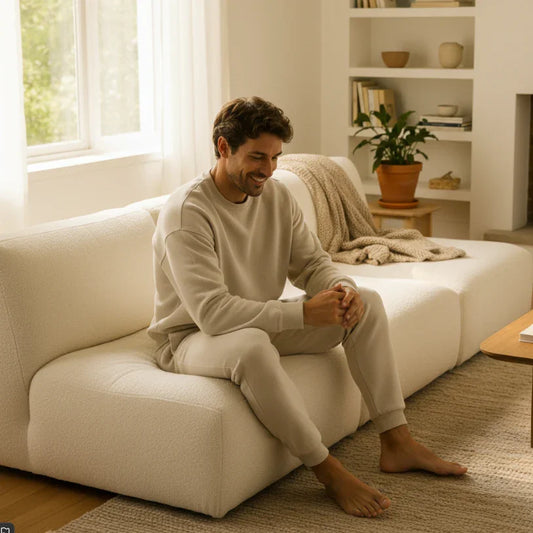 Man in cozy beige loungewear set relaxing on white sofa at home, South African made fashion