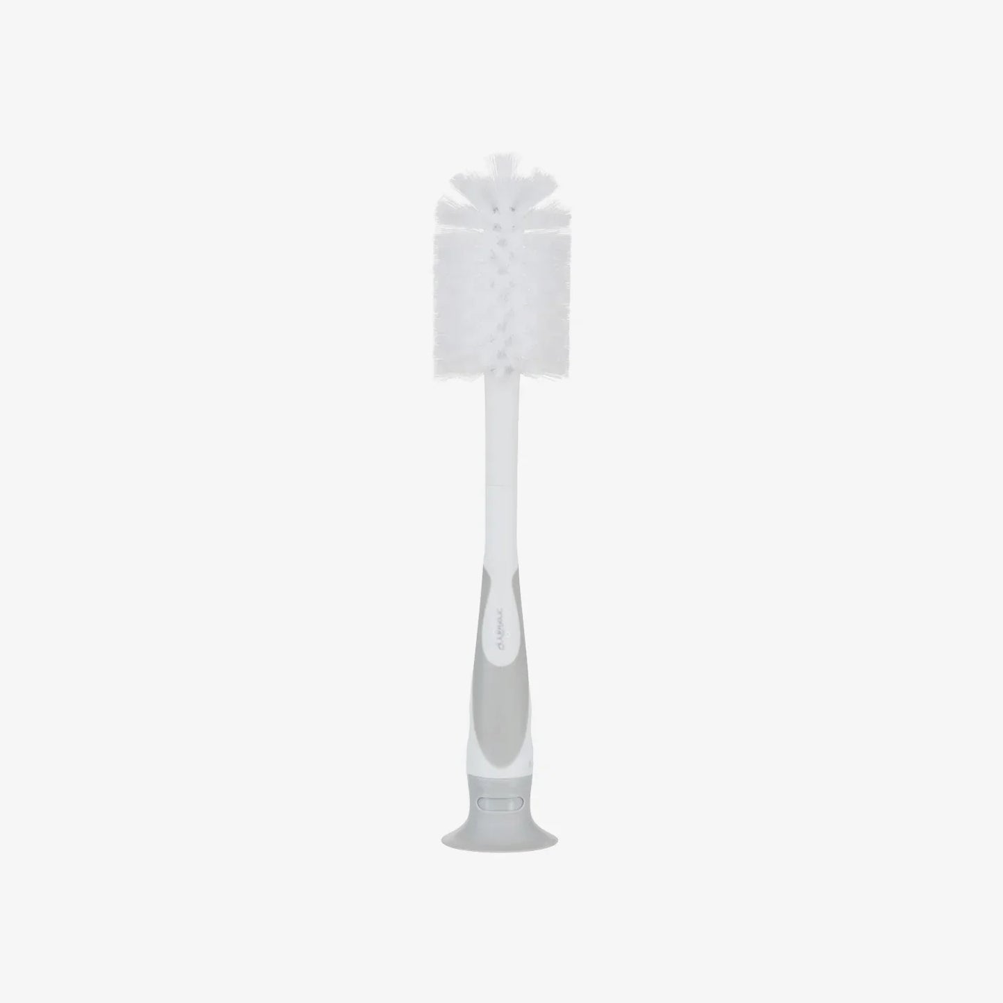 White and gray bottle brush with suction base for baby bottle cleaning