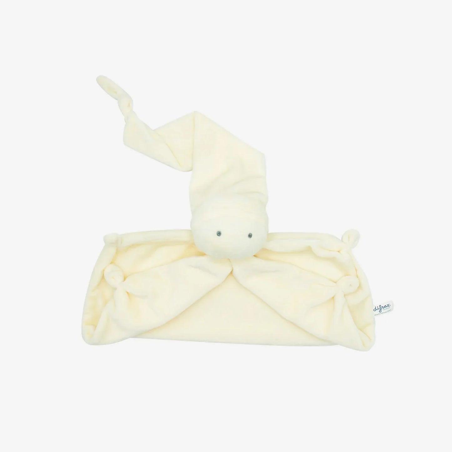 Cream baby comforter with soft plush head and knotted corners, ideal for newborns and infants