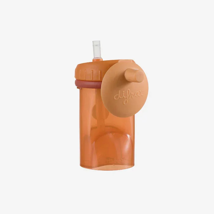 Orange Difrax sippy cup with straw, ideal for toddlers and baby feeding essentials