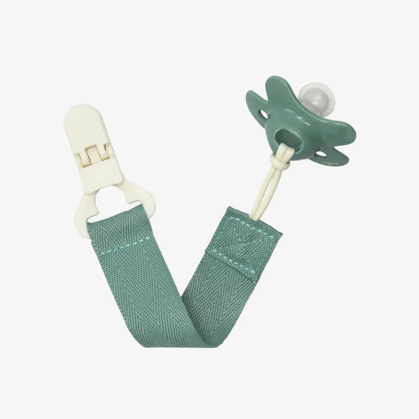 Sage green baby pacifier with matching fabric clip strap for secure attachment