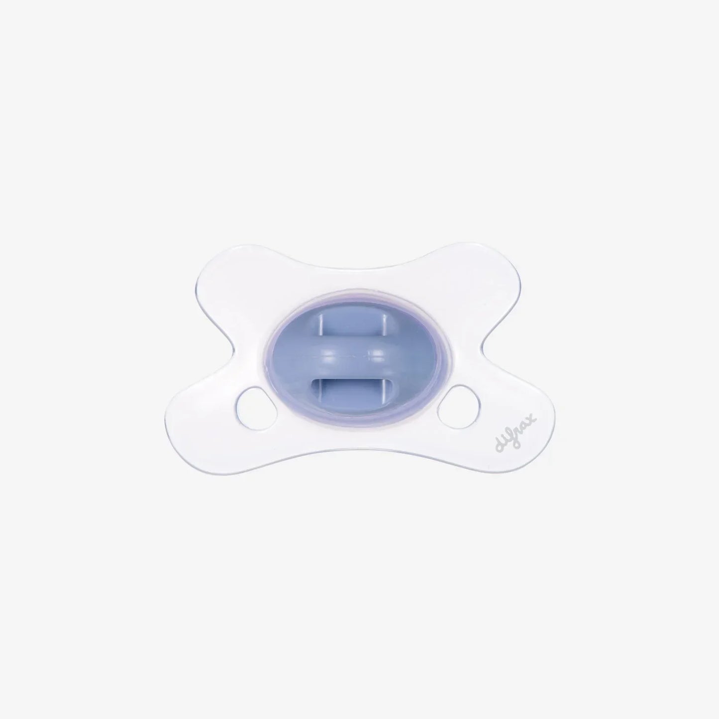 Soft silicone baby pacifier with light blue nipple and clear shield, ideal for newborn comfort and soothing.