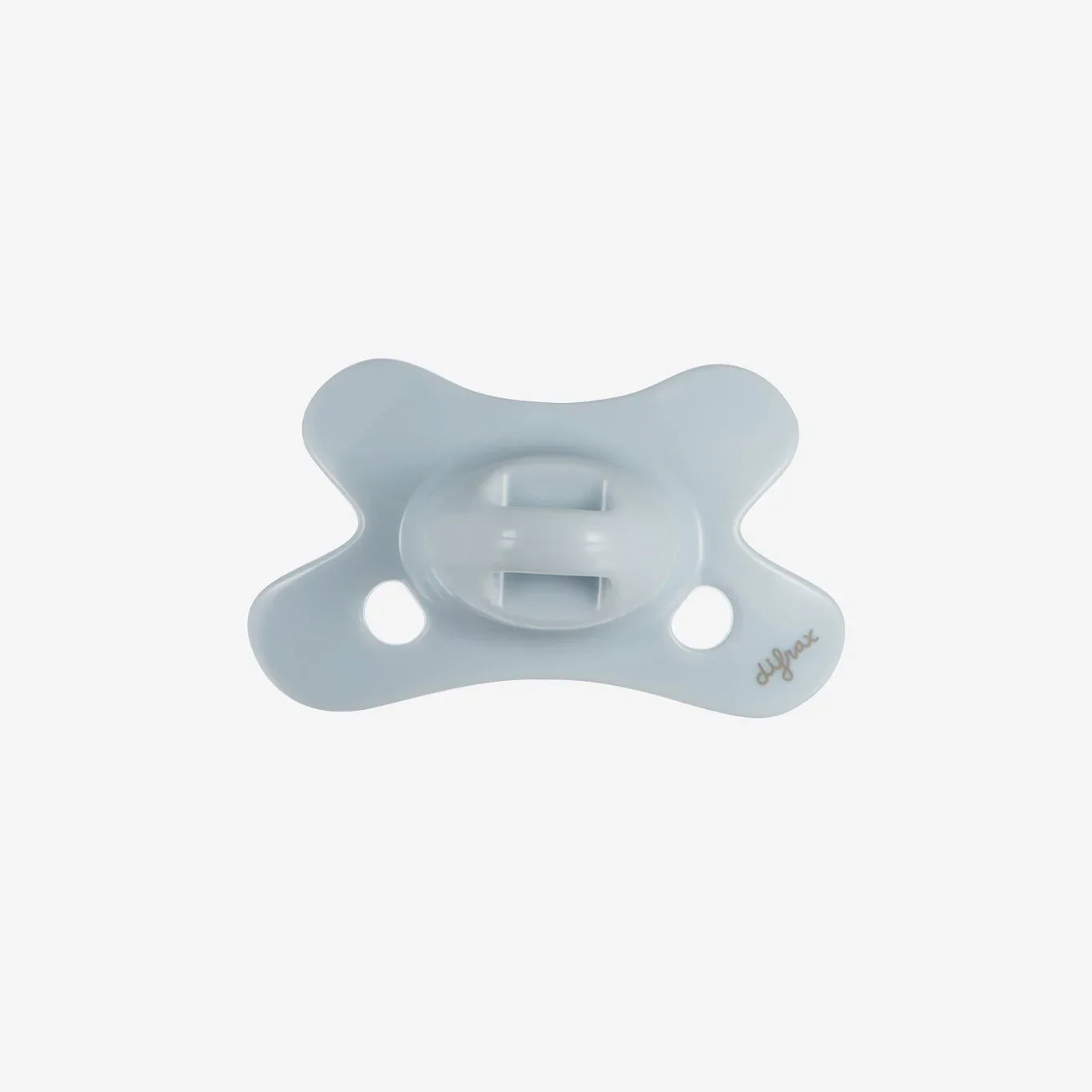 Light blue baby pacifier with Difrax logo, soft silicone design for infant comfort