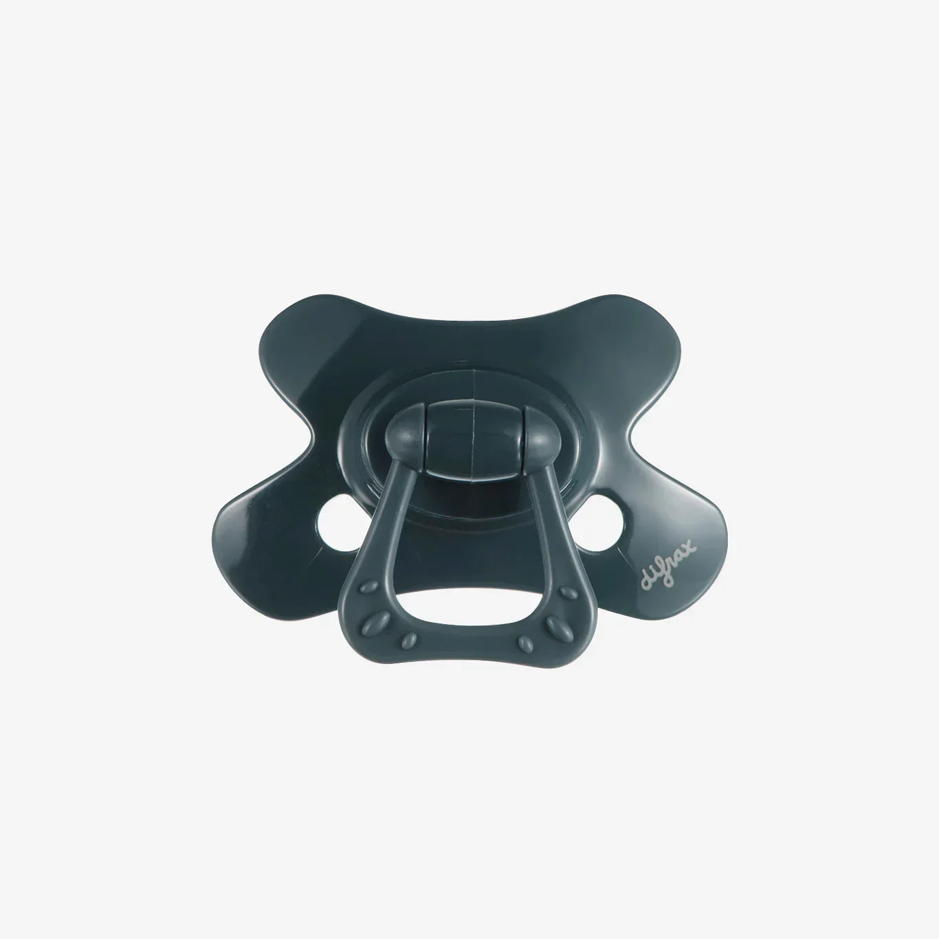 Dark green baby pacifier with textured handle and brand logo, ideal for infant comfort and soothing.
