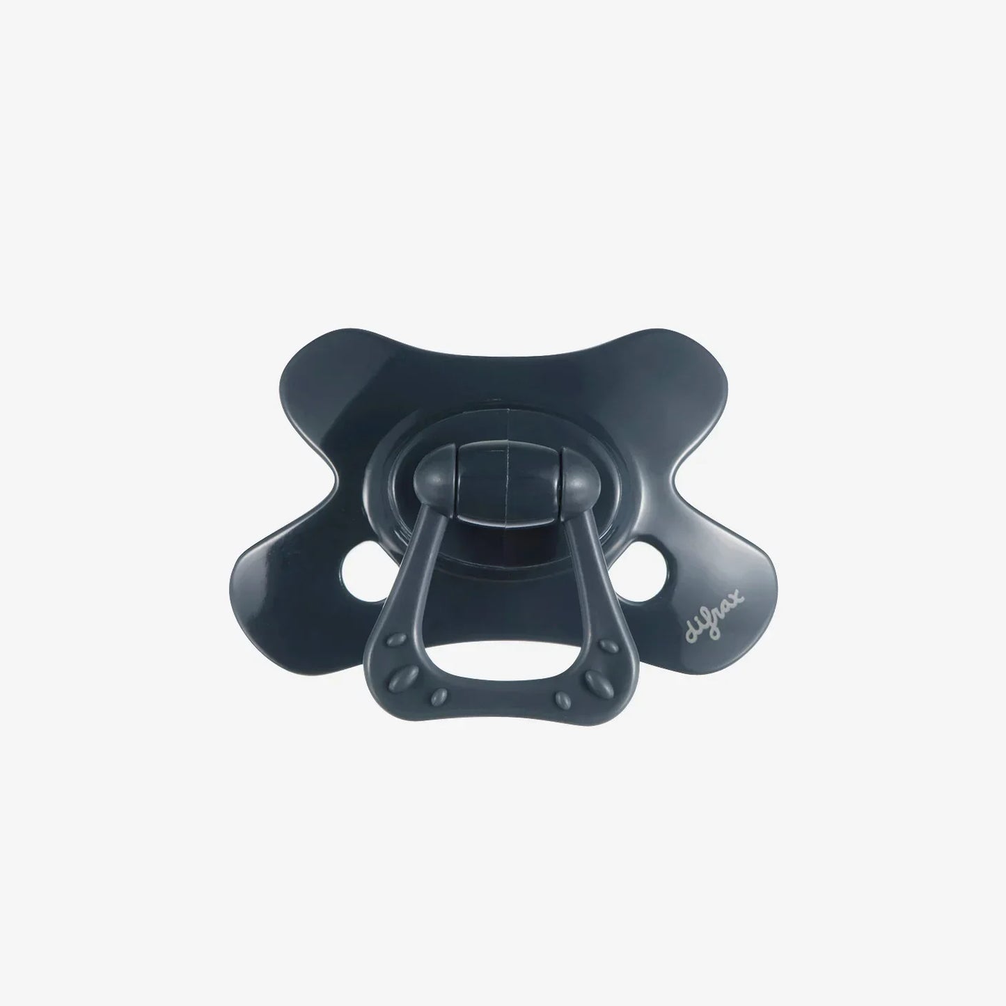 Dark gray baby pacifier with textured handle and brand logo, designed for infant comfort and safety.