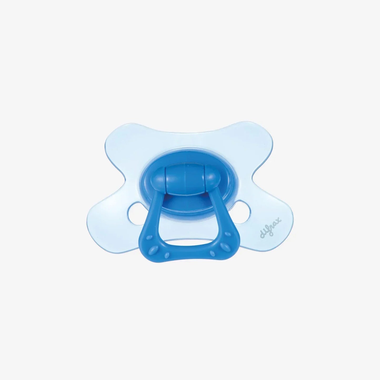 Blue baby pacifier with clear shield and textured handle for soothing comfort