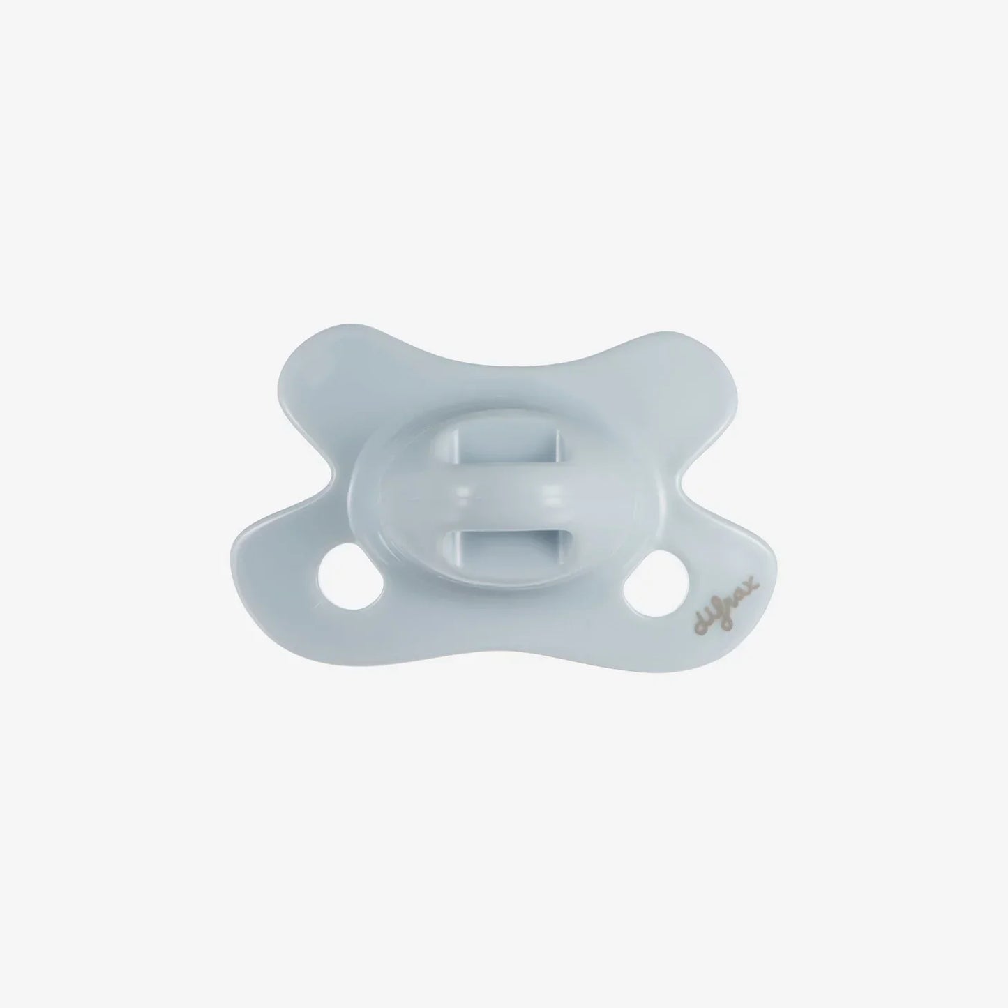 Soft silicone baby pacifier in light blue with brand logo, ideal for infant comfort and soothing.