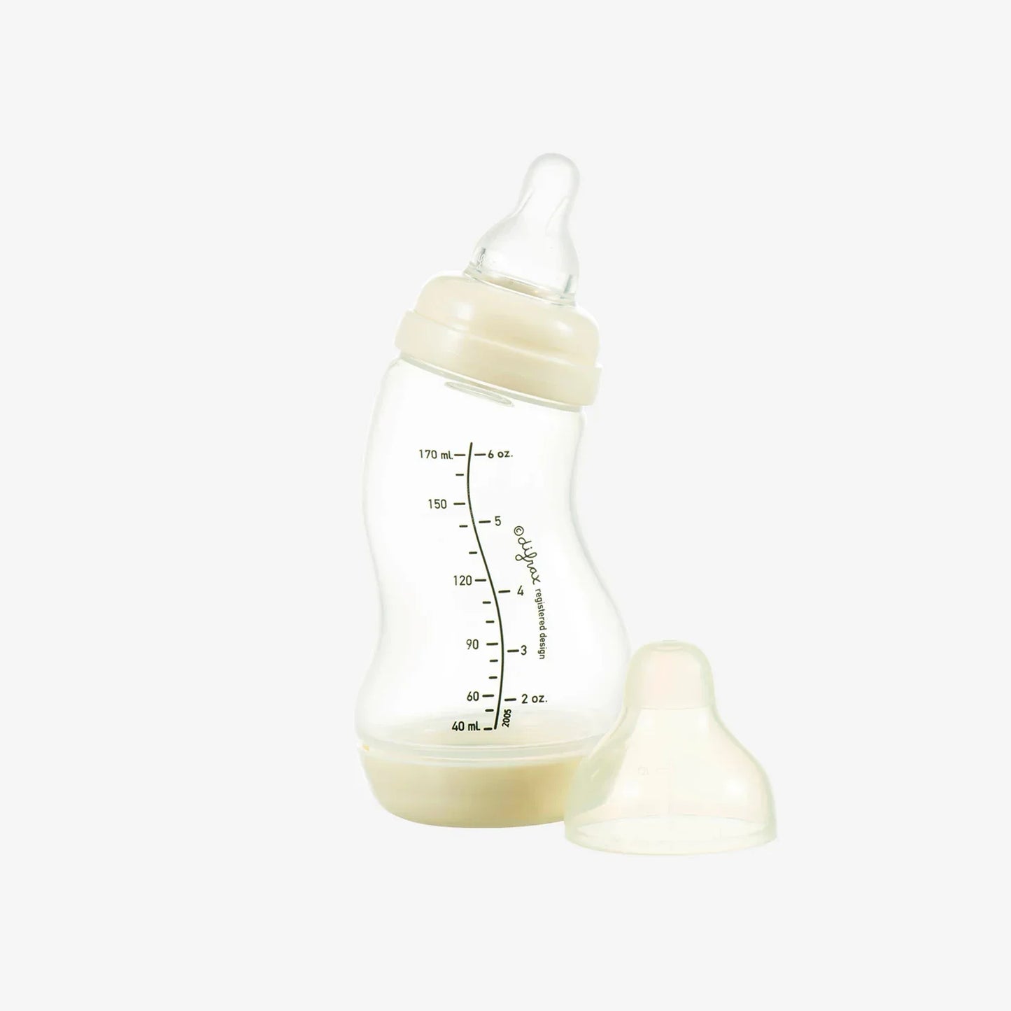 Clear baby bottle with measurement markings and cream-colored nipple, ideal for infant feeding essentials.
