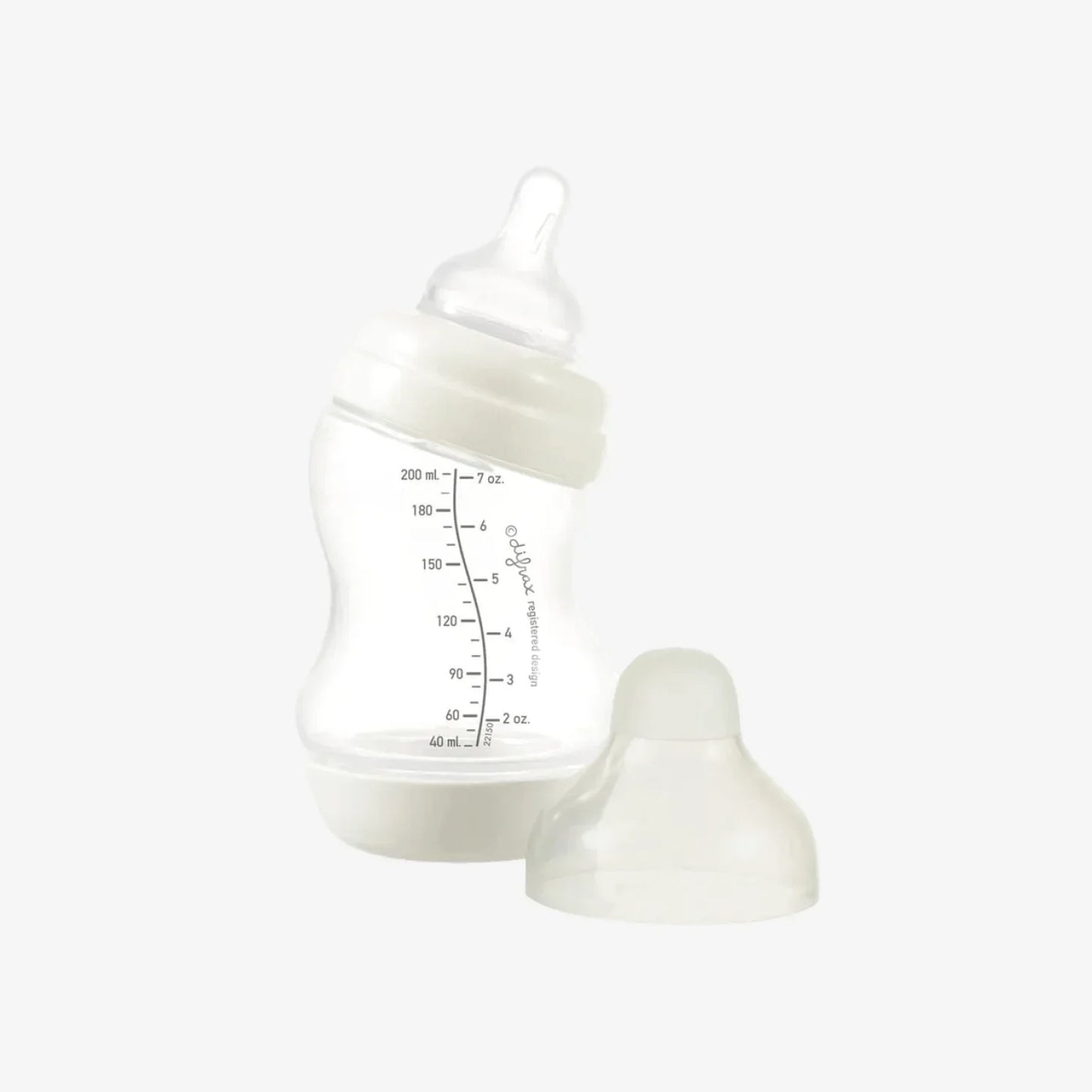 Clear baby bottle with measurement markings and separate silicone nipple, ideal for infant feeding