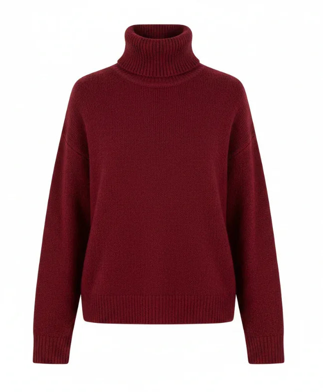 Burgundy turtleneck knit sweater for cozy everyday wear, soft ribbed texture, timeless design