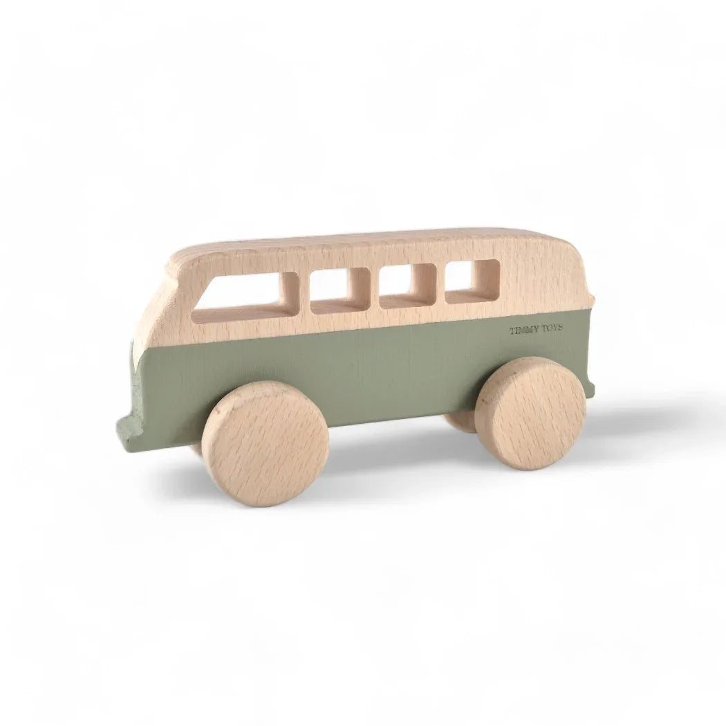 Handcrafted wooden toy van with natural wood wheels and sage green body, ideal for kids' play.