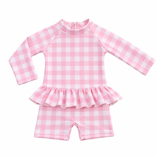 Pale Pink Gingham Frilly Swimsuit