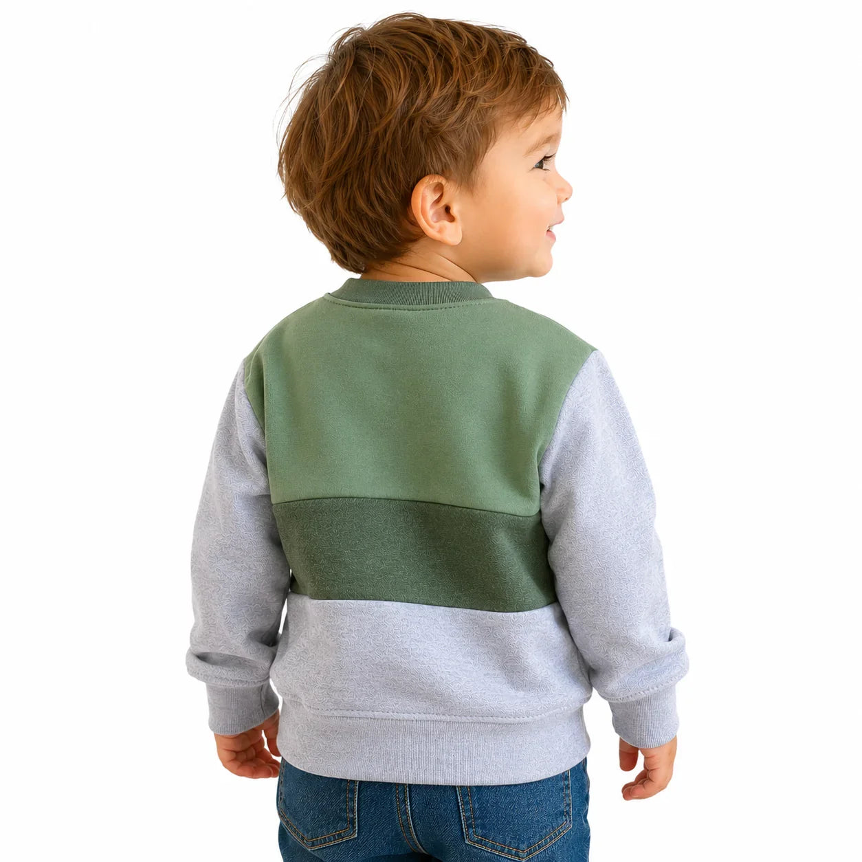 Toddler in green and grey colorblock sweatshirt, cozy kids clothing for everyday wear