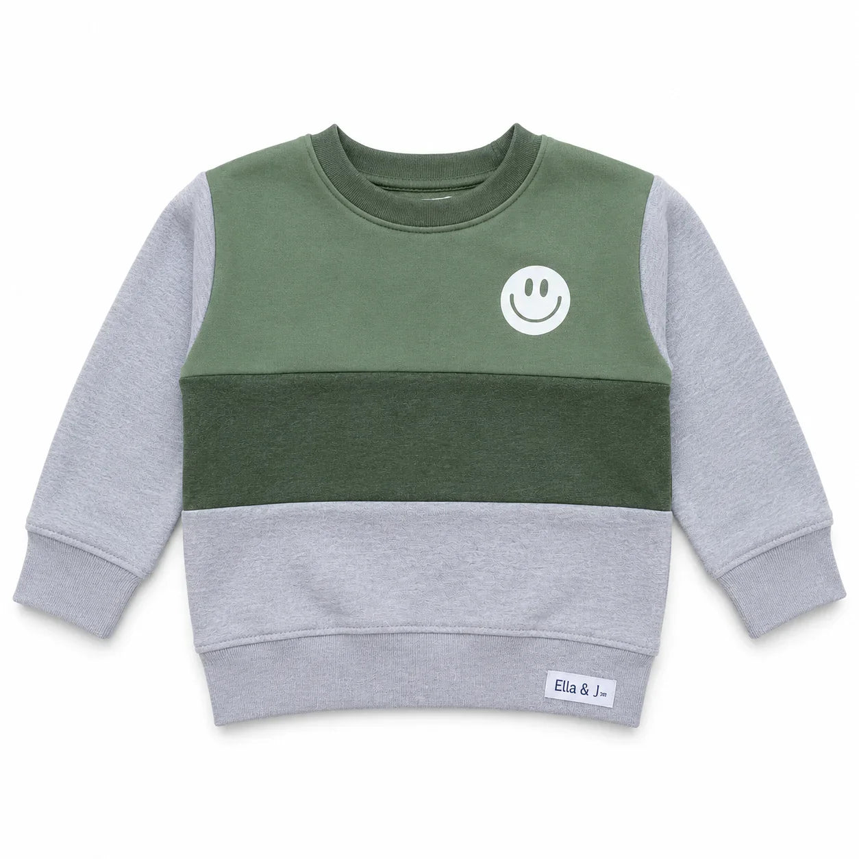 Green and grey kids sweatshirt with smiley face, cozy everyday essential for children