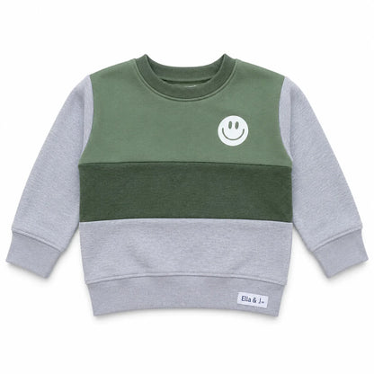 Green and grey kids sweatshirt with smiley face, cozy everyday essential for children