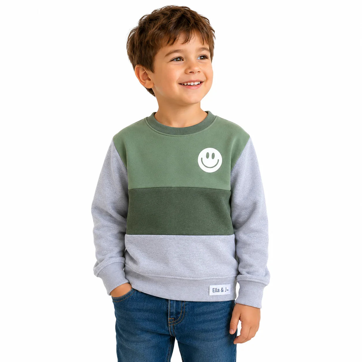 Boy wearing green and grey color-block sweatshirt with smiley face, kids casual wear