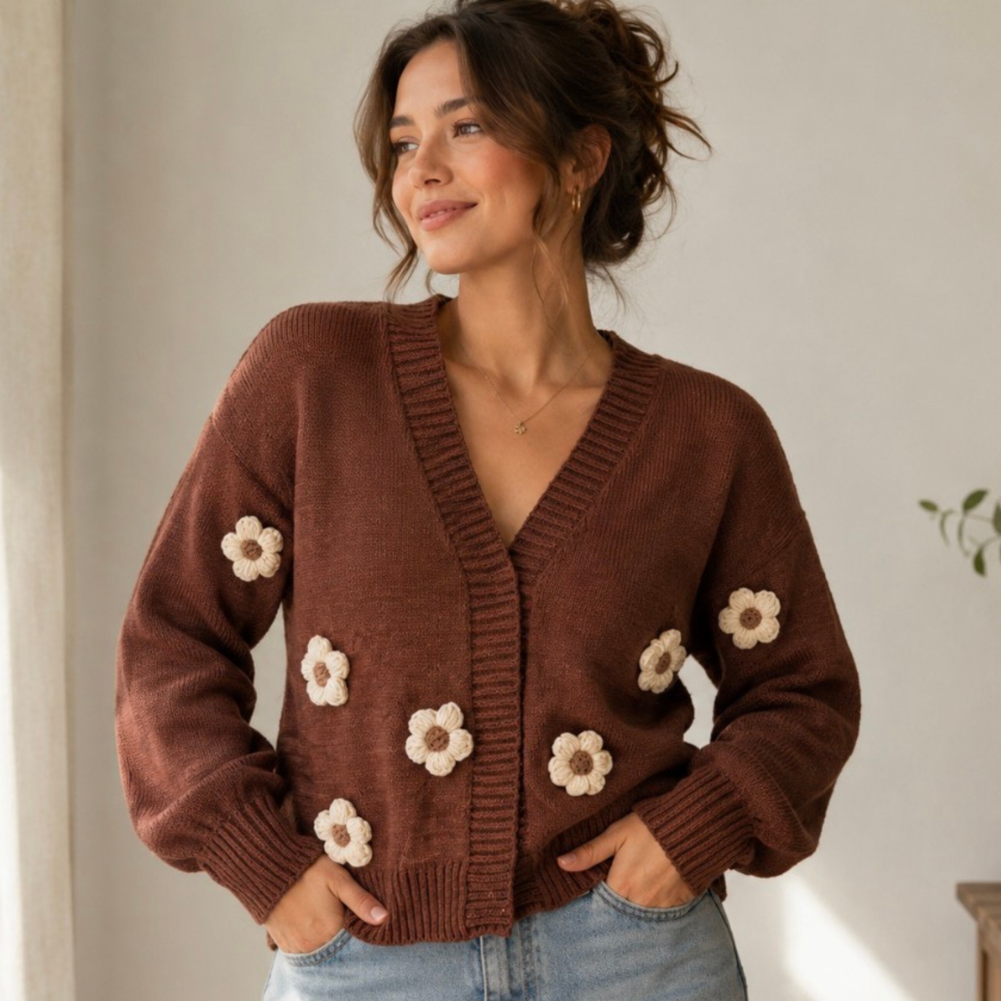 Knit Cardigan - Flower Chocolate