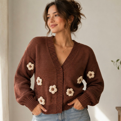 Knit Cardigan - Flower Chocolate