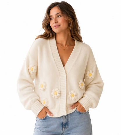 Knit Cardigan - Flower Winter White