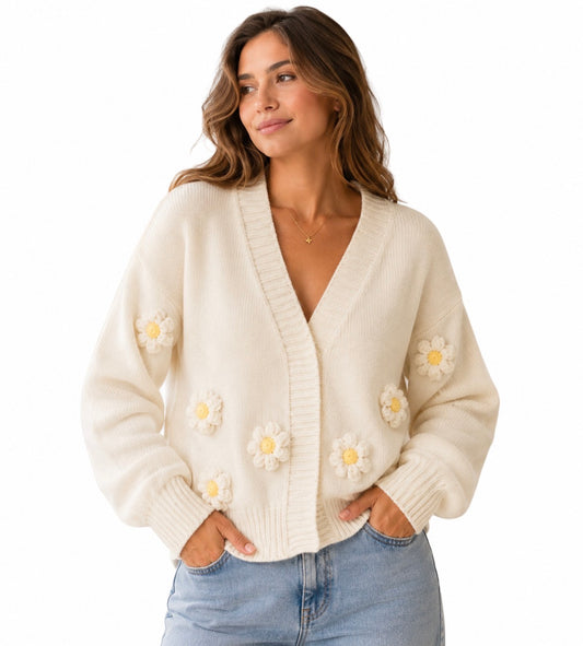Knit Cardigan - Flower Winter White