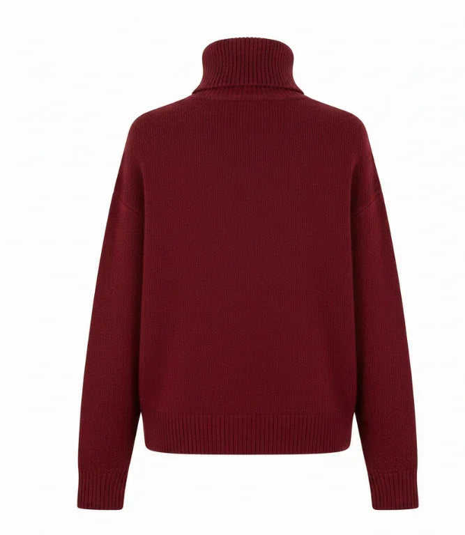Burgundy turtleneck sweater, ribbed knit, back view, South African fashion for adults