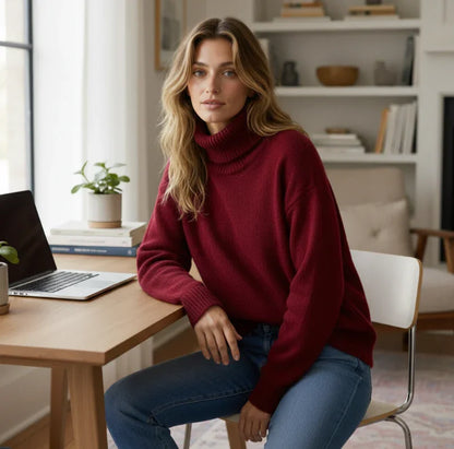 Woman in cozy burgundy turtleneck sweater and jeans, seated at wooden desk with laptop in bright home office