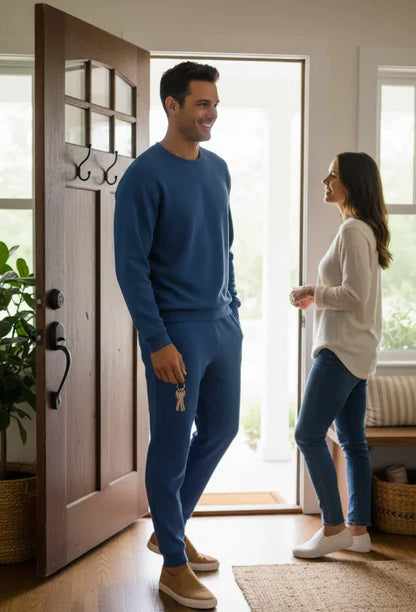 Man in blue loungewear set with woman in cozy white top, standing by wooden door in bright home