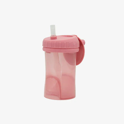 Pink sippy cup with straw and flip lid for toddlers