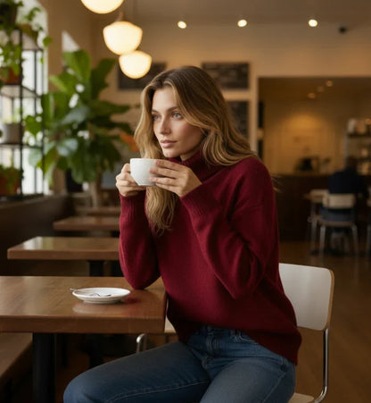 Woman in cozy red turtleneck sweater sipping coffee at cafe, styled for South African fashion