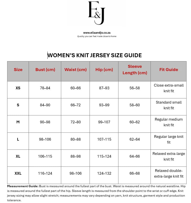 Women’s knit jersey size guide with measurements for bust, waist, hip, sleeve length, and fit details